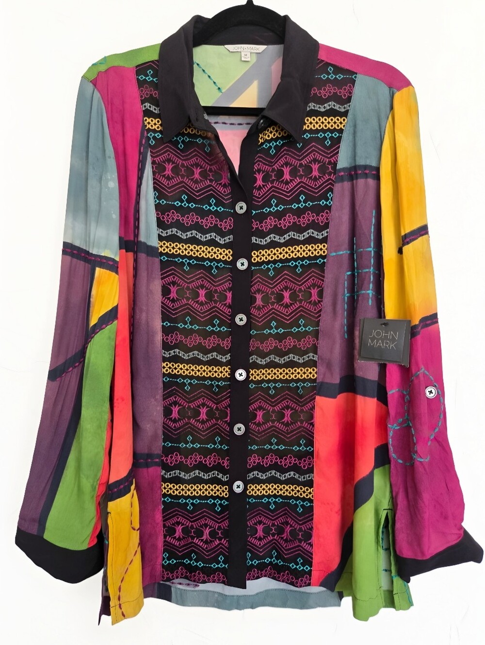 NWT John Mark Embroidered Colorful Watercolor Button Up Top, M